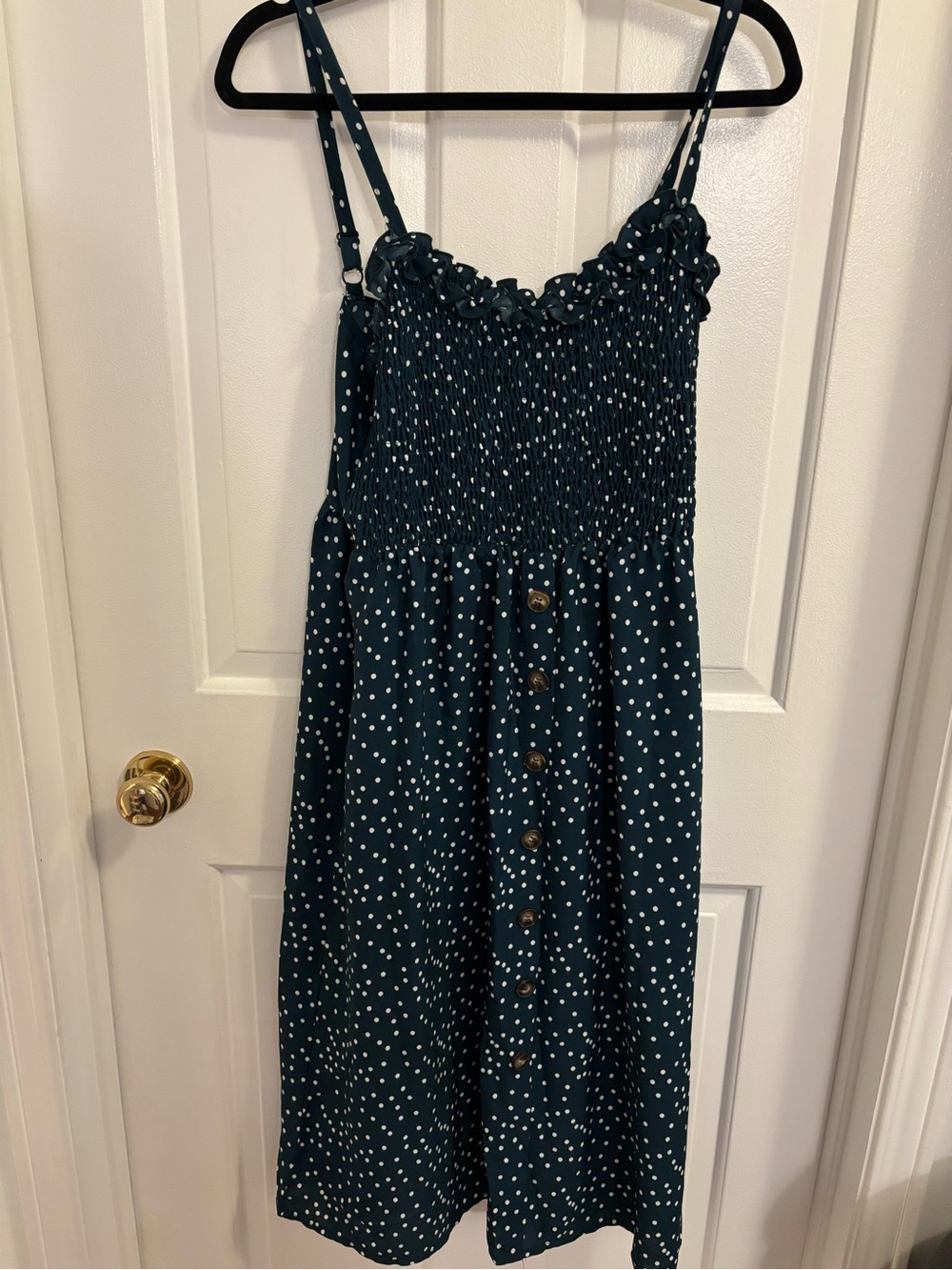 Green Polka Dot Smocked Button-Front Sundress Midi Dress